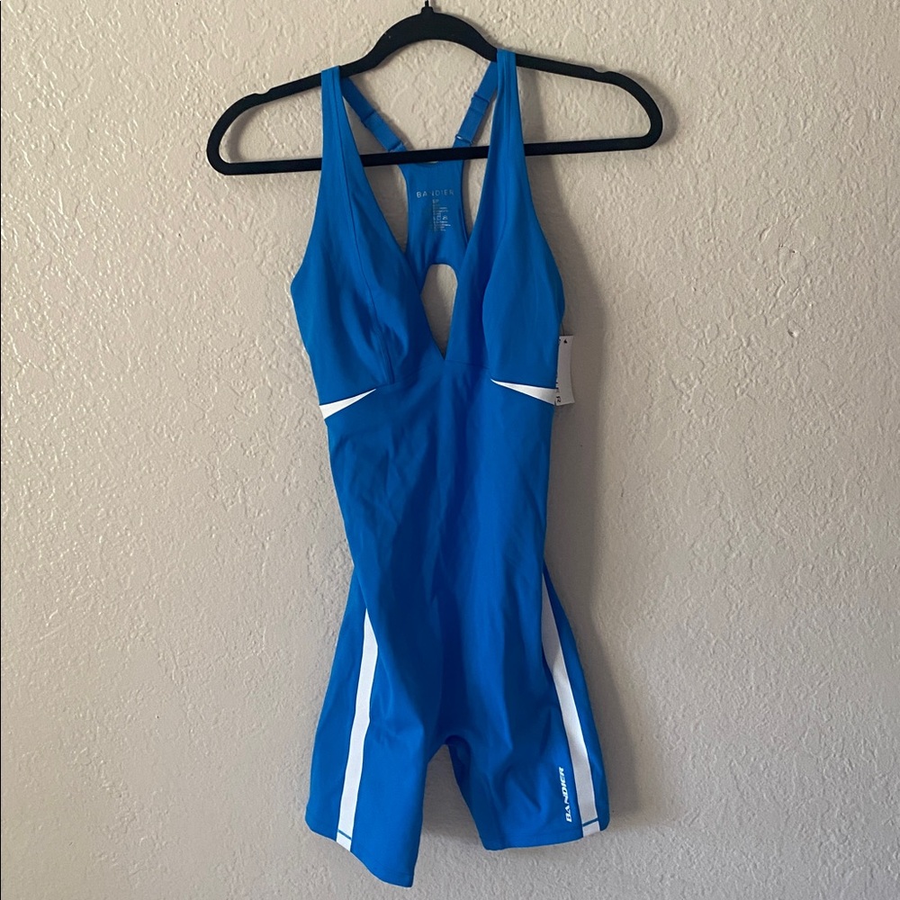 BANDIER V-Neck Plunge Contrast Short Catsuit 🐈⬛ Size S Blue White Luxury Chic - Picture 6 of 11